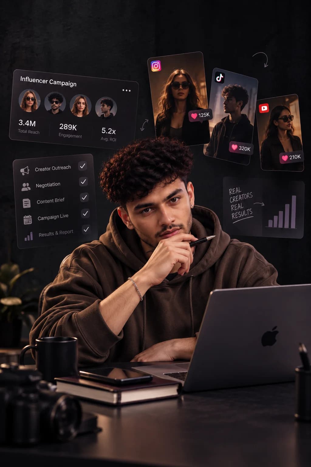 Creator filming a social video beside creator analytics